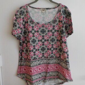 One World Shirt - Large - Short Sleeve - Tunic - Green/Pink Print - (384)